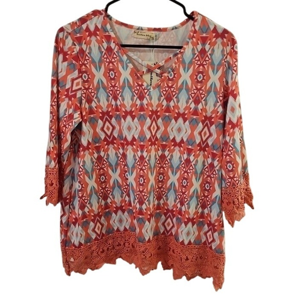 Southern Stitch Womens Pink Blue Tribal Print Crochet Lace Trim V-Neck‎ Tunic S